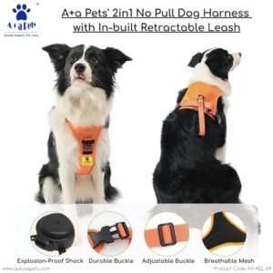 A+a Pets' 2in1 No Pull Dog Harness with in-Built Retractable Leash - Automatic and Anti Burst Impact Function (L, Orange)